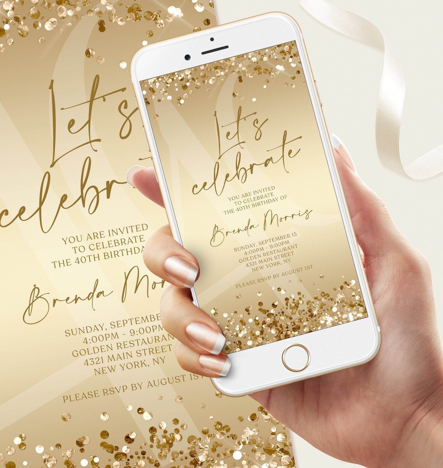 Let’s Celebrate Birthday Invitation Template | Digital Gold Party Evite | Editable Any Age Text Message Invite | Custom Mobile Download