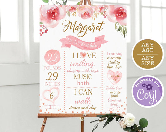 Watercolor Floral First Birthday Poster, Pink and Gold Milestone Board, Girl 1st Birthday Chalkboard Sign, Editable DIY Birthday Sign