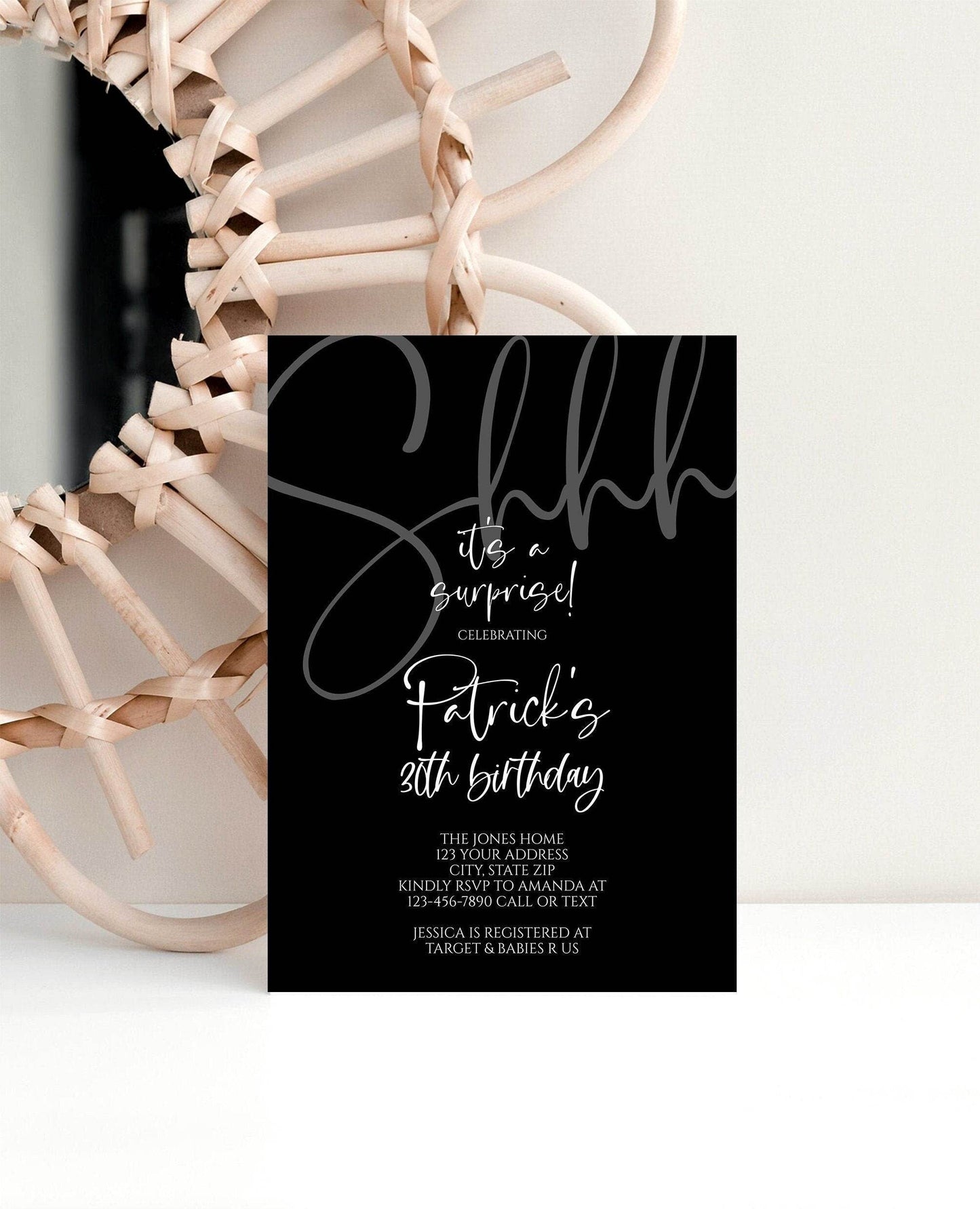 Shhh It’s a Surprise 30th Birthday Invitation, Black White Printable Men’s Birthday Invite, Editable Surprise Party Template DIY