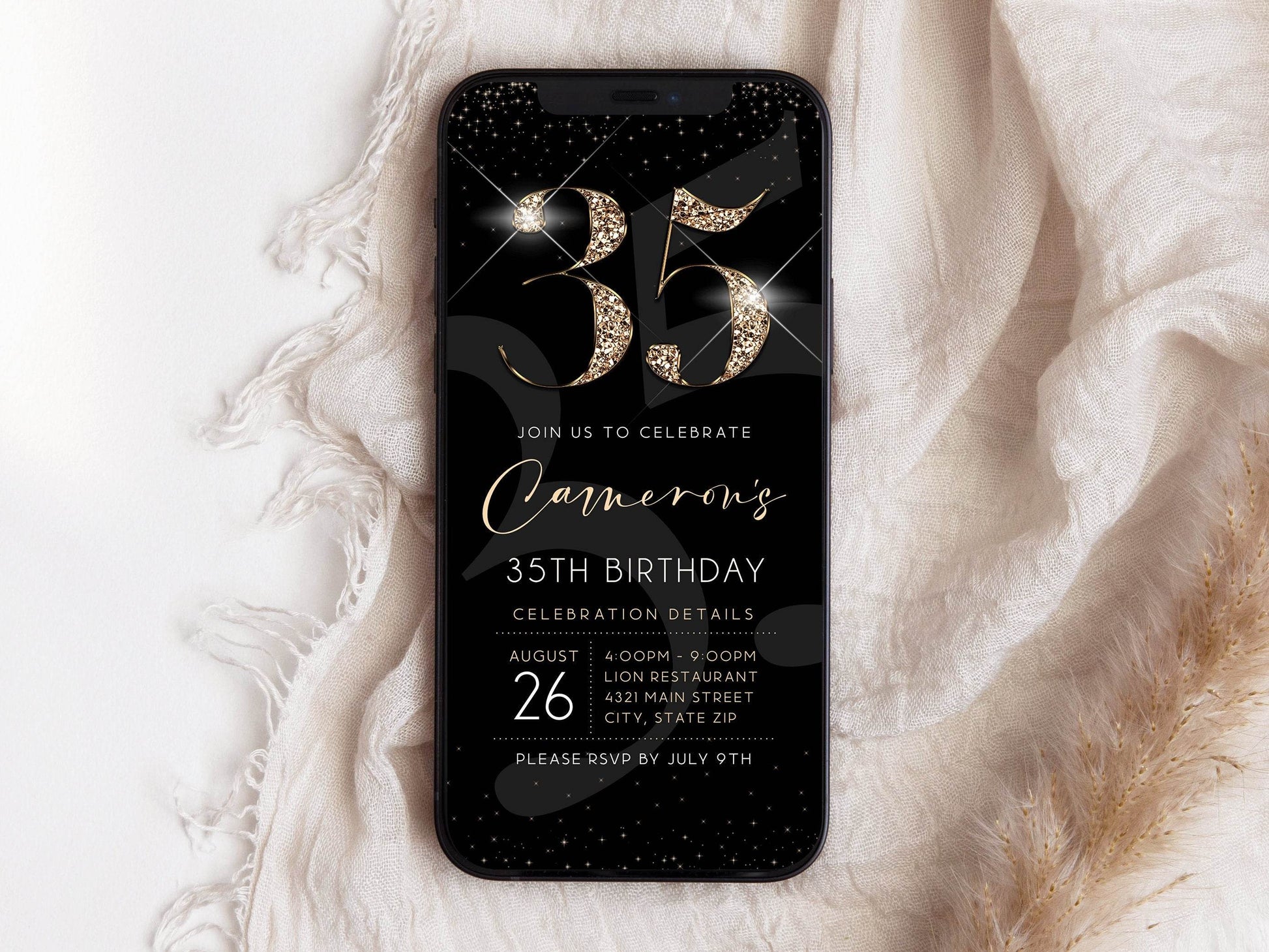 Luxury Digital 35th Birthday Invitation Template, Editable Black Gold Evite, Modern Thirty Five Birthday Phone Invite, Text Message Download