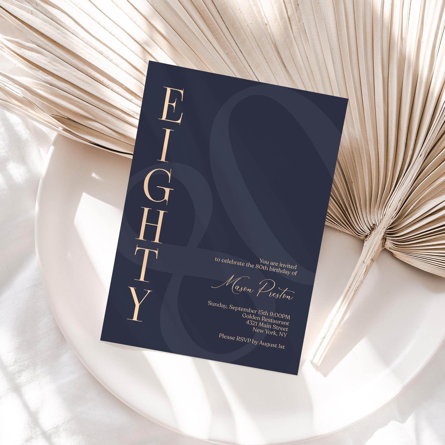 Navy 80th Eighty Birthday Invitation Template, Printable Minimalist Birthday Invite, 80th Modern Elegant Men Birthday Card, Editable Invite
