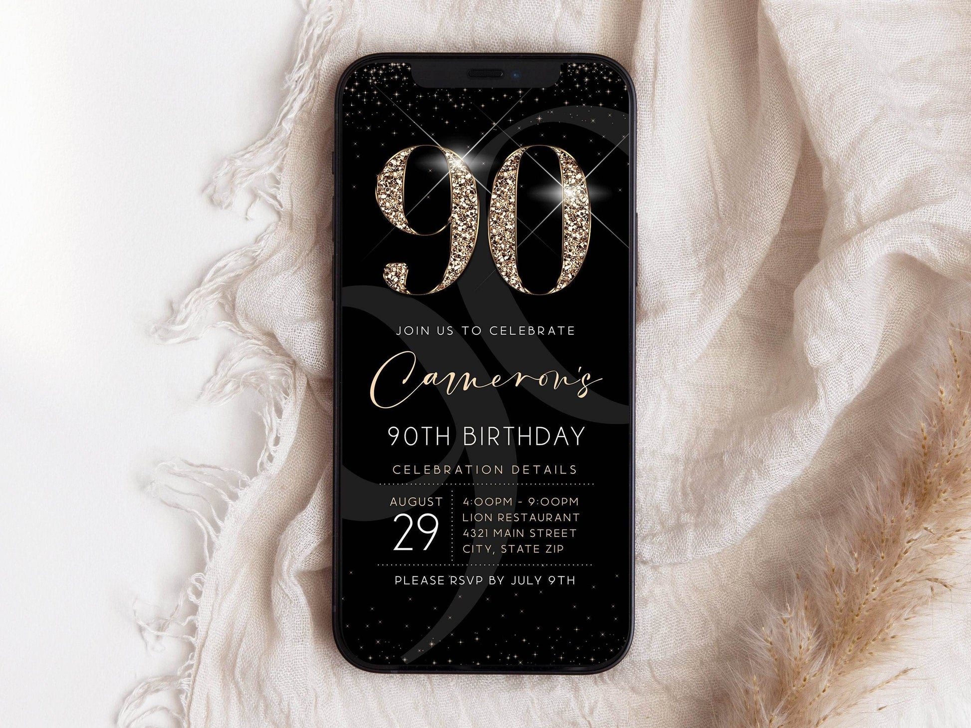 90th Birthday Invitation Template | Luxury Black & Gold Digital Evite | Editable Modern 90th Birthday Card | Text Message Phone Invite | Instant Download