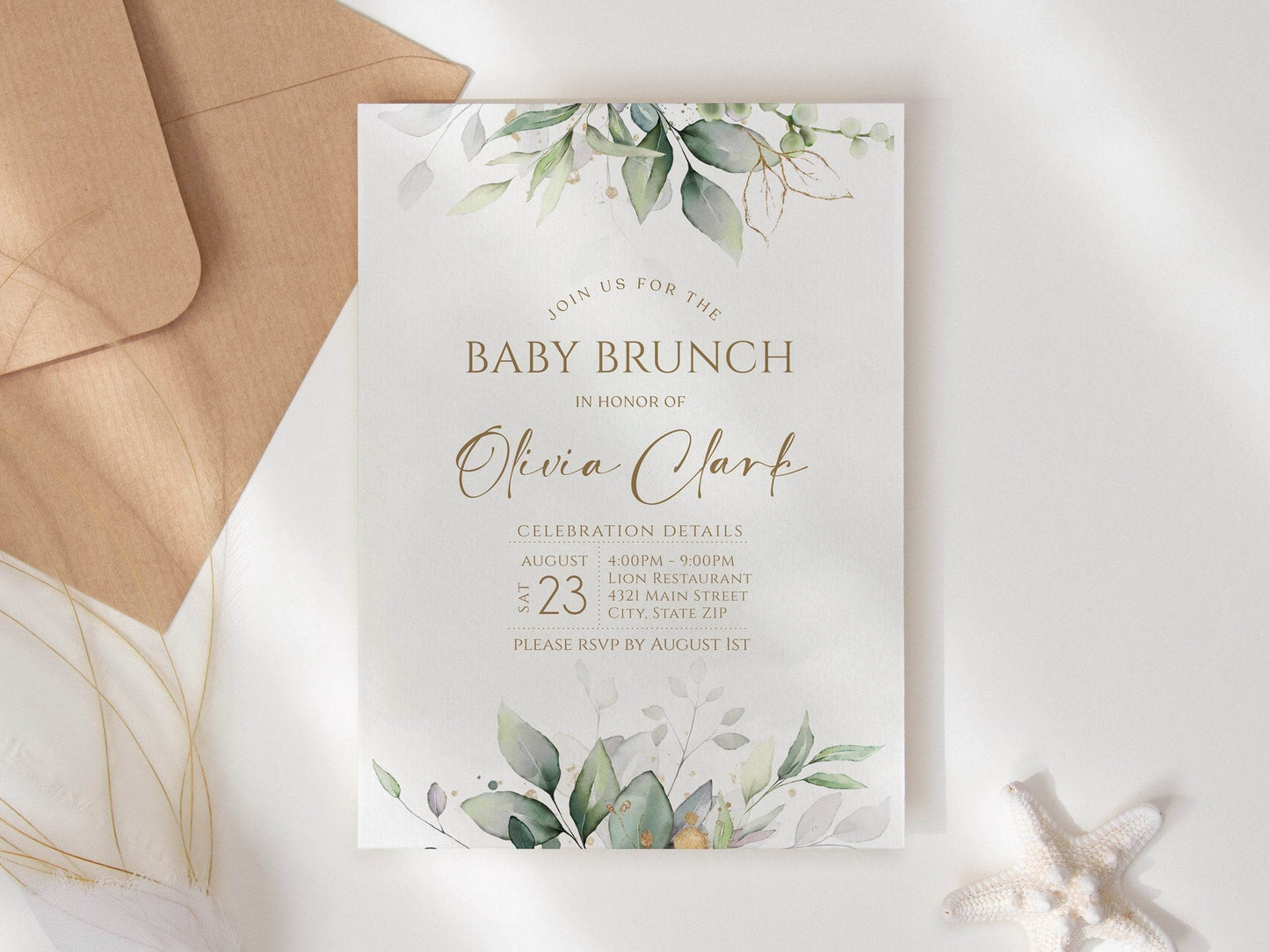 Greenery Baby Shower Brunch Invitation, Gold Leaves Editable Invite, Printable Baby Brunch Template, Digital Evite, Instant Download