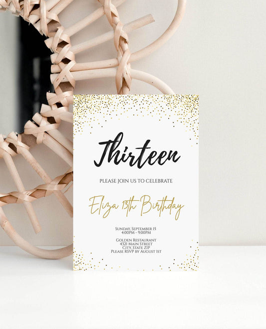 Editable 13th Thirteen Birthday Invitation Template, Gold Glitter Confetti Teen Invite, Surprise Party Printable, Instant Download