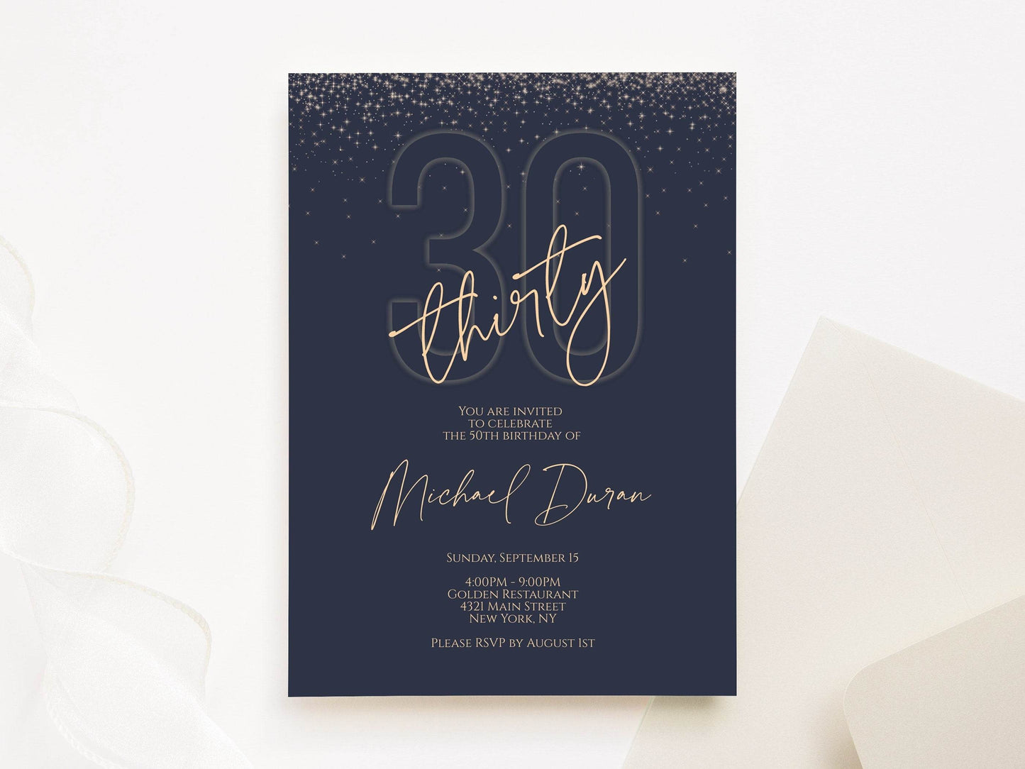 Printable Navy Gold 30th Birthday Invitation Template, Digital Text Message Evite, Editable Male Invite, Instant Download