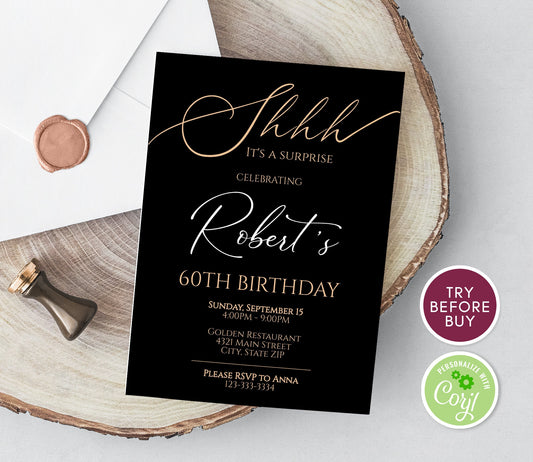 60th Surprise Birthday Invitation, Printable Black and Gold Men Birthday, 60 Birthday Invite, Any Age Adult Birthday Invitation Download DIY