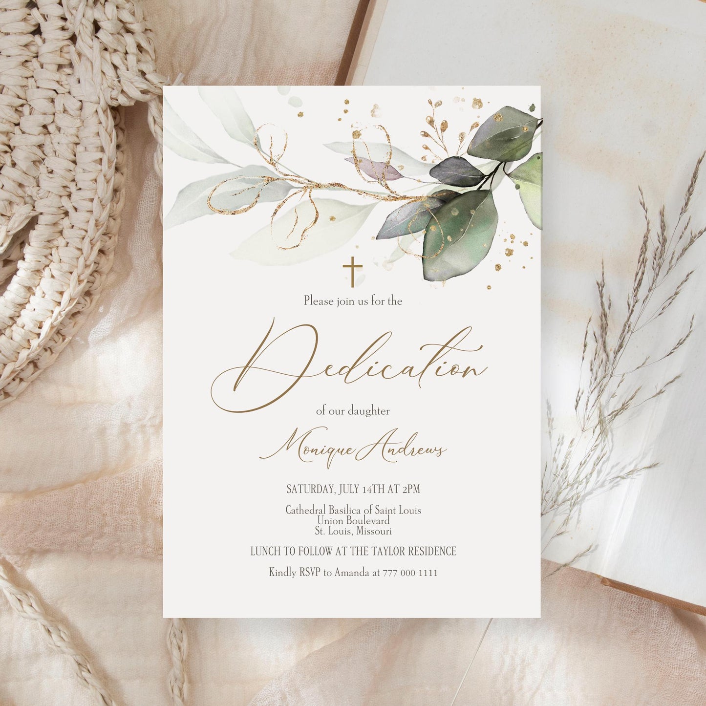 Editable Dedication Invitation Card Template, Printable Greenery Dedication Invite, Boy Girl Baptism Invitation, Digital Template Download