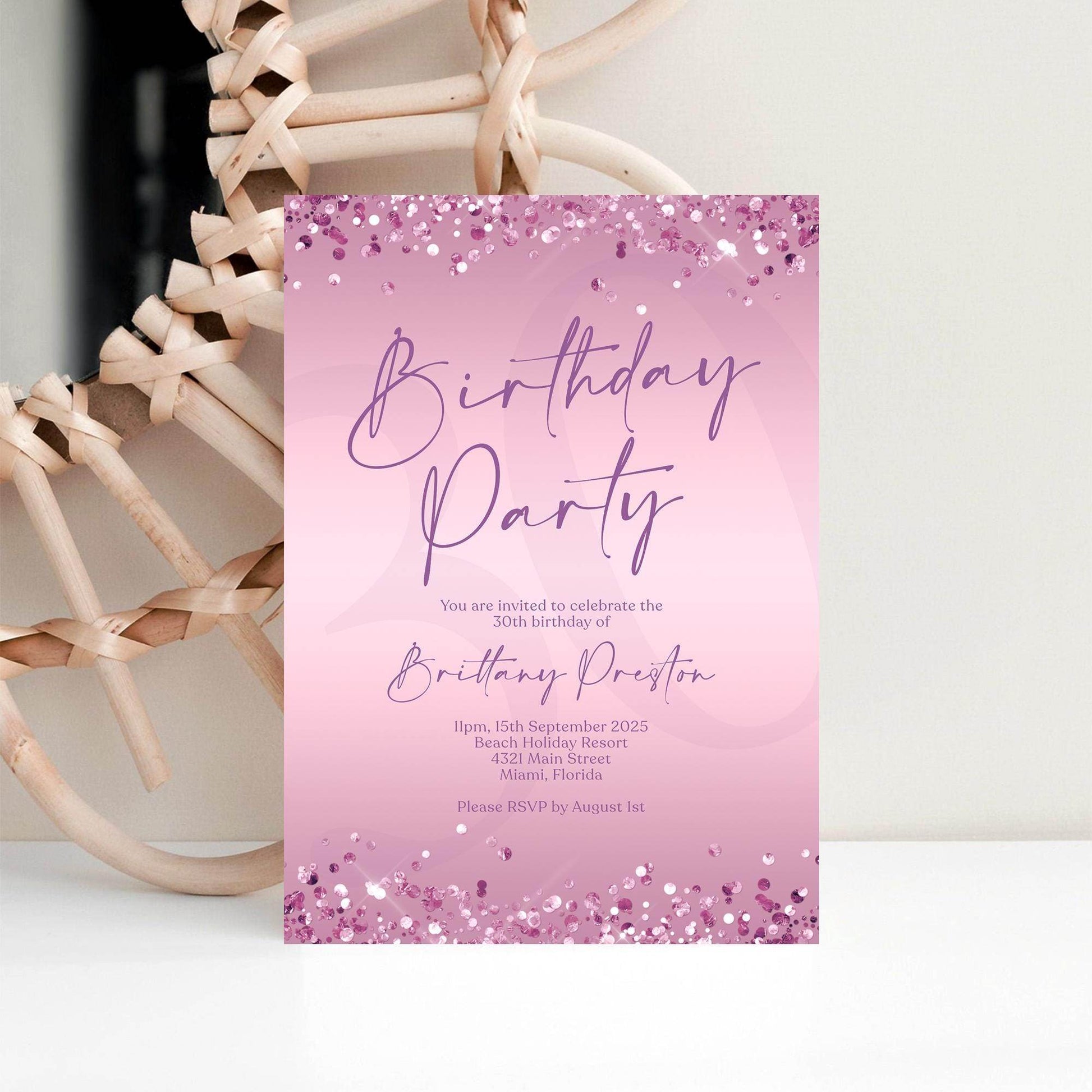 Editable Purple Birthday Party Invitation Template, Printable Woman Birthday Invite, Any Age Birthday Card Invite, Modern Email Text Message