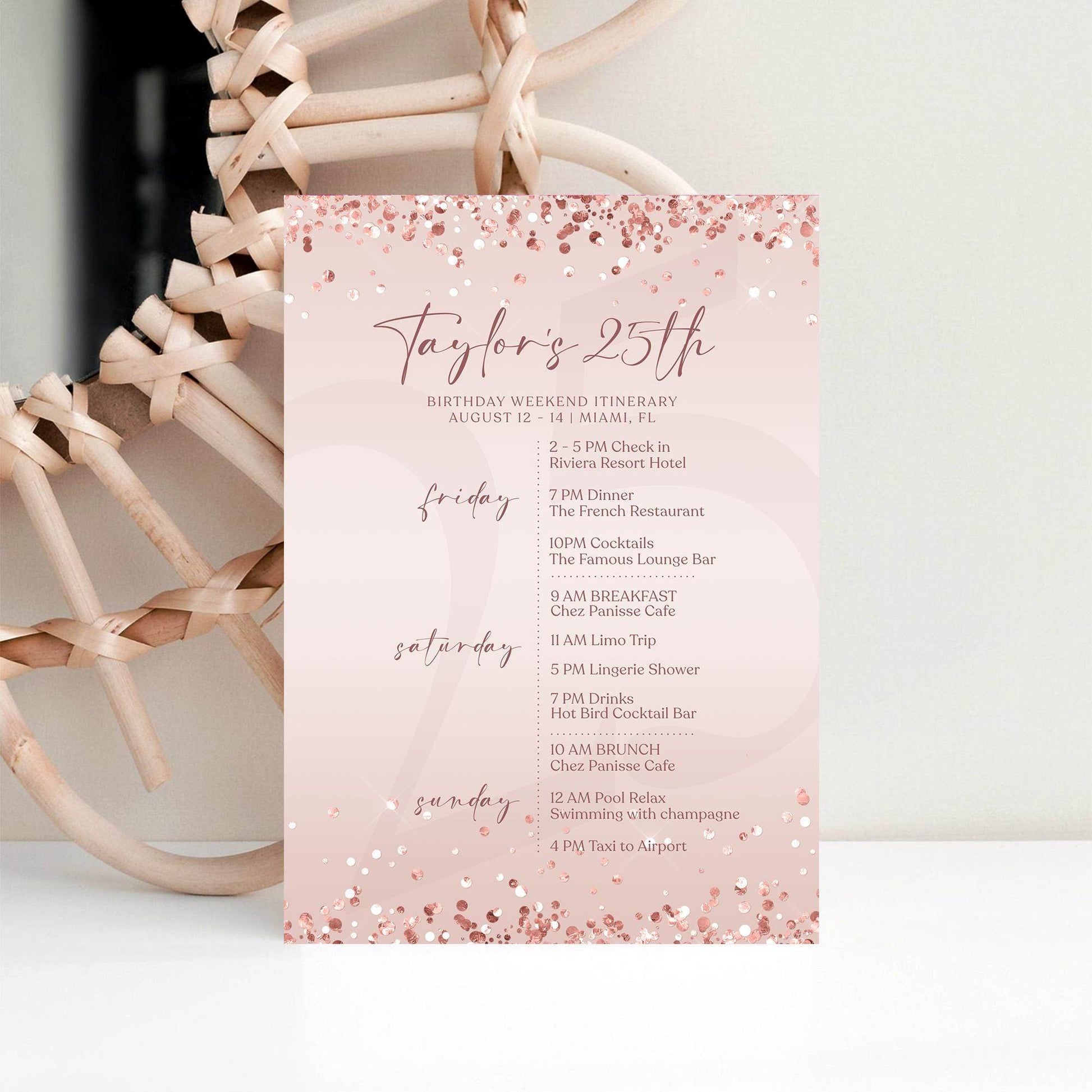 Editable Rose Gold Ladies Birthday Itinerary Template, Printable Woman Party Any Age Itinerary, Luxury Weekend Itinerary, Email Text Message