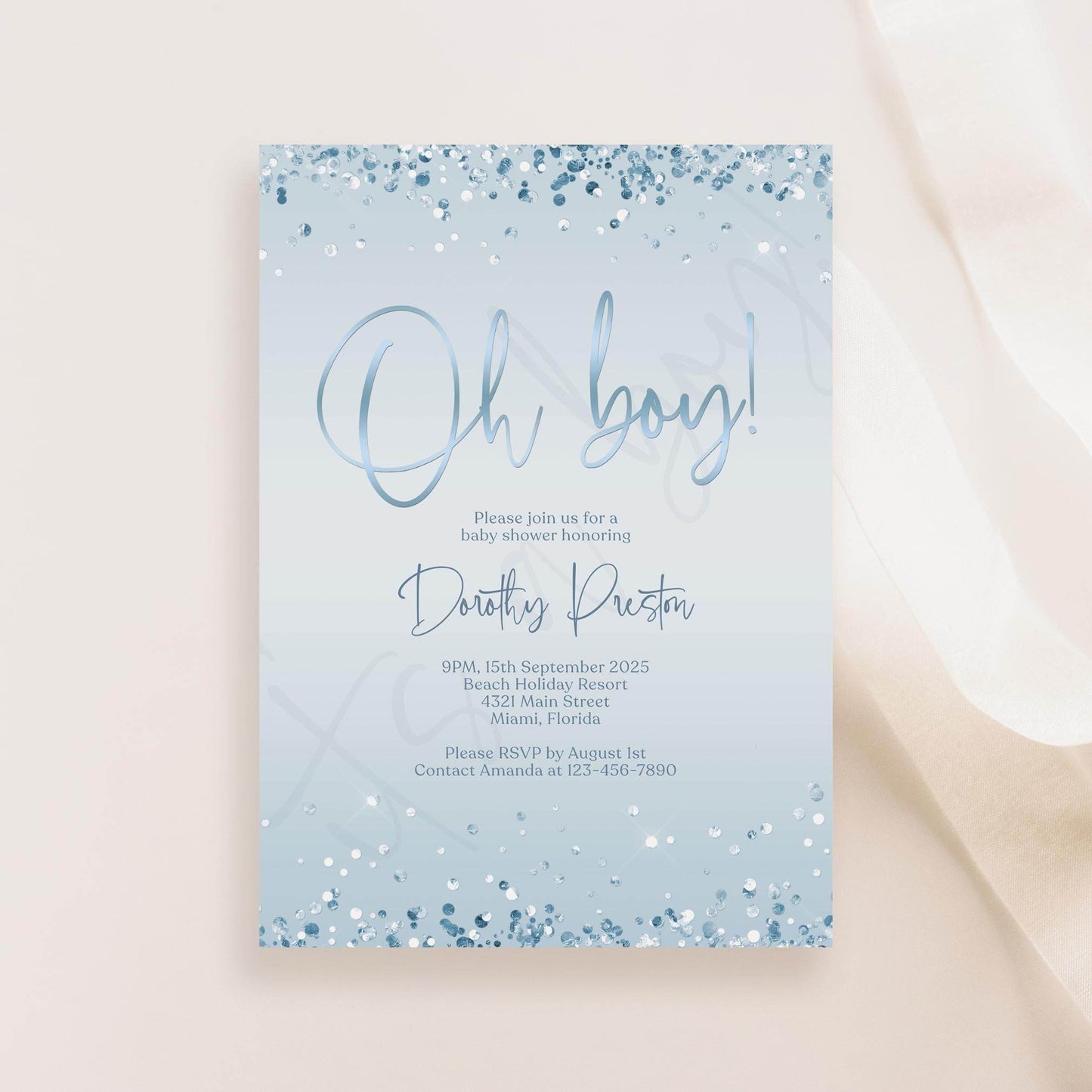 Oh Boy Baby Shower Invitation Template | Editable Blue & Silver Confetti Invite | Boy Baby Shower Digital Evite | Printable Instant Download