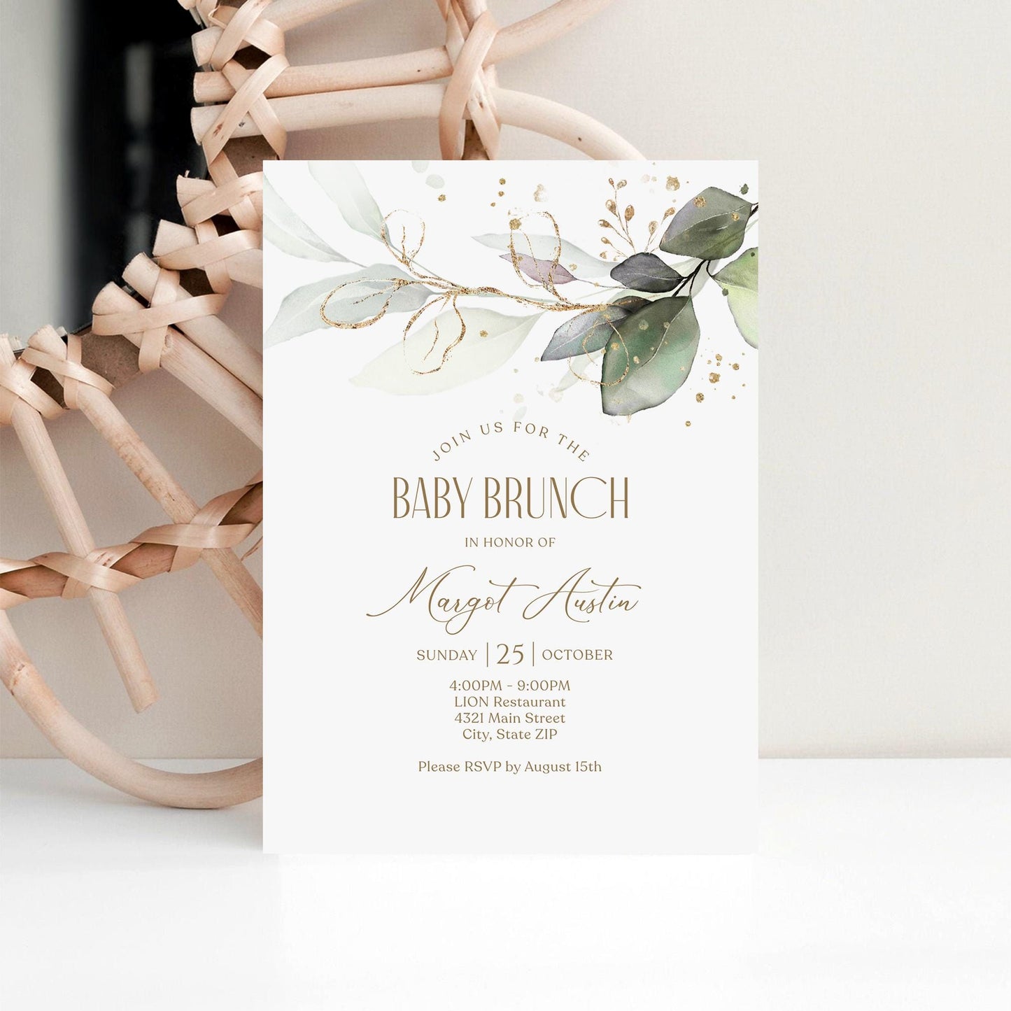 Editable Baby Shower Brunch Invitation Card Template, Greenery Baby Brunch Invite, Printable Baby Brunch Evite, Greenery Leaves Invitation