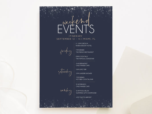 Printable Navy Itinerary Template, Editable Weekend Itinerary, Hens Party Weekend, Birthday Weekend Schedule, Gold Bachelorette Itinerary