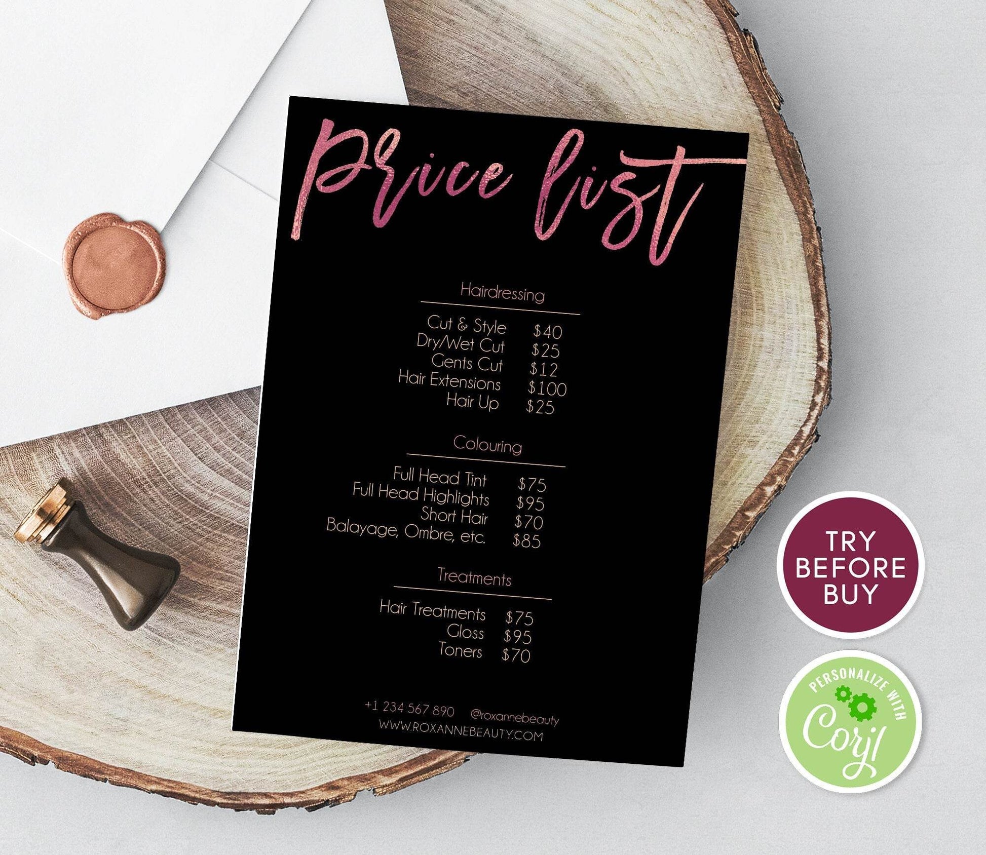 Rose Gold Price List Editable Template, Business Price List Printable Template, Black Editable Price Guide, Pricing Sheet Hair Beauty Salon
