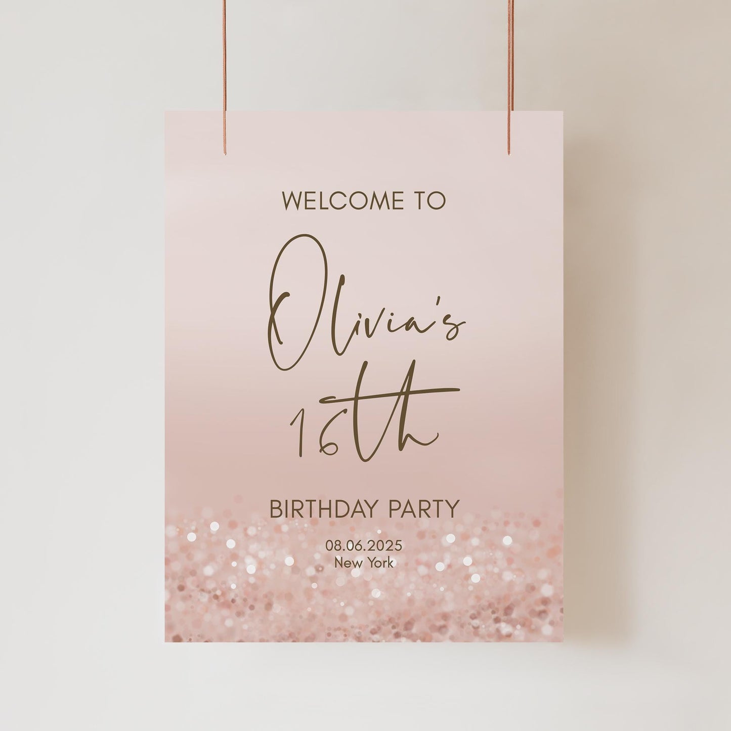 16th Sweet Sixteen Welcome Sign Template Printable, Editable Birthday Party Modern Welcome Poster, Rose Gold Pink Confetti 16 Welcome Banner