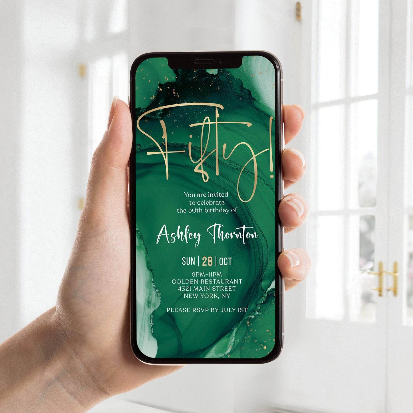 Emerald Gold 50th Birthday Invitation Template, Editable Digital Any Gender Birthday eCard, Text Message Evite, Instant Download