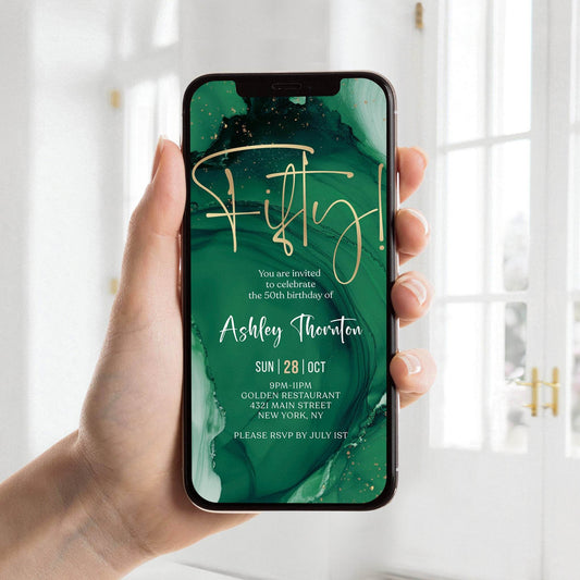 Emerald Gold 50th Birthday Invitation Template, Editable Digital Any Gender Birthday eCard, Text Message Evite, Instant Download