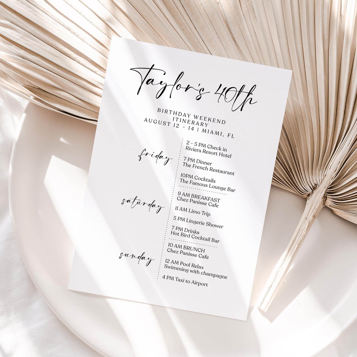 40th Birthday Itinerary Template | Editable Minimalist Weekend Schedule | Simple Printable Party Plan | White DIY Digital Itinerary | Instant Download