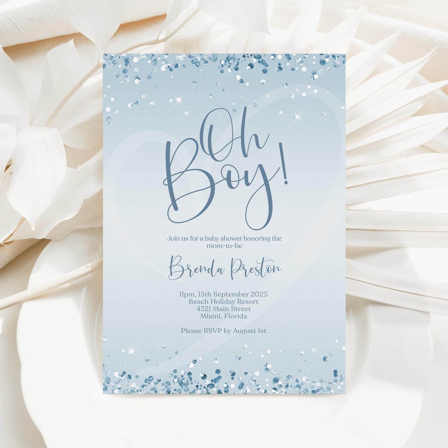 Blue Silver Oh Boy Baby Shower Invitation Template | Editable Boy Baby Shower Invite | Modern Printable Invitation | Digital Download Card