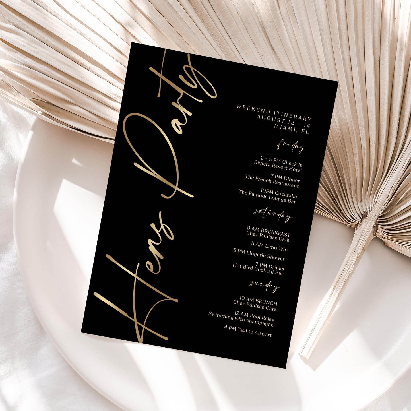 Editable Black Gold Hens Party Weekend Itinerary Template – Printable Bachelorette Weekend Schedule | Digital Event Planner | Instant Download