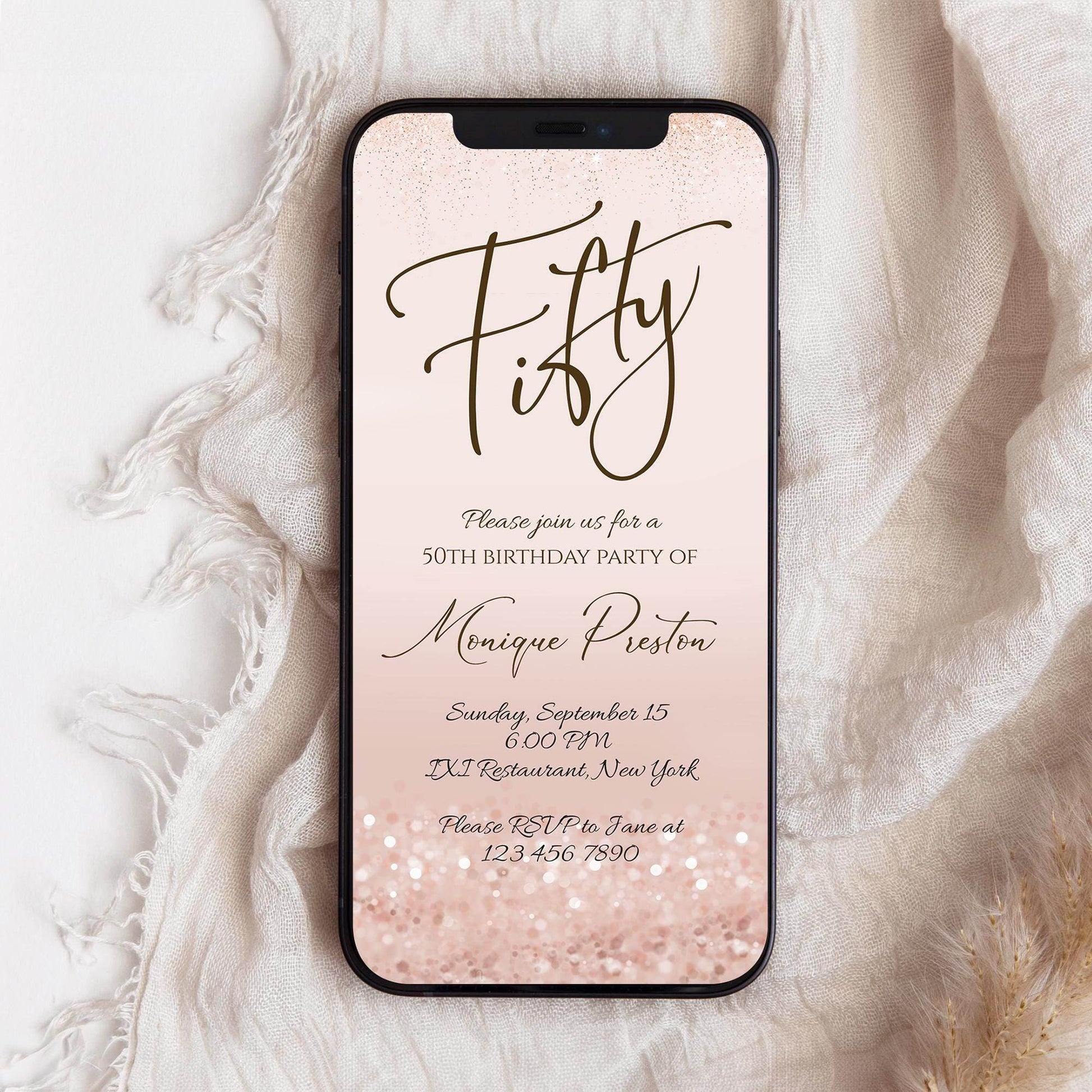 50th Birthday Invitation Template | Rose Gold Digital Invite | Editable Pink Birthday Evite | Electronic 50th Birthday Text Message Card | Instant Download
