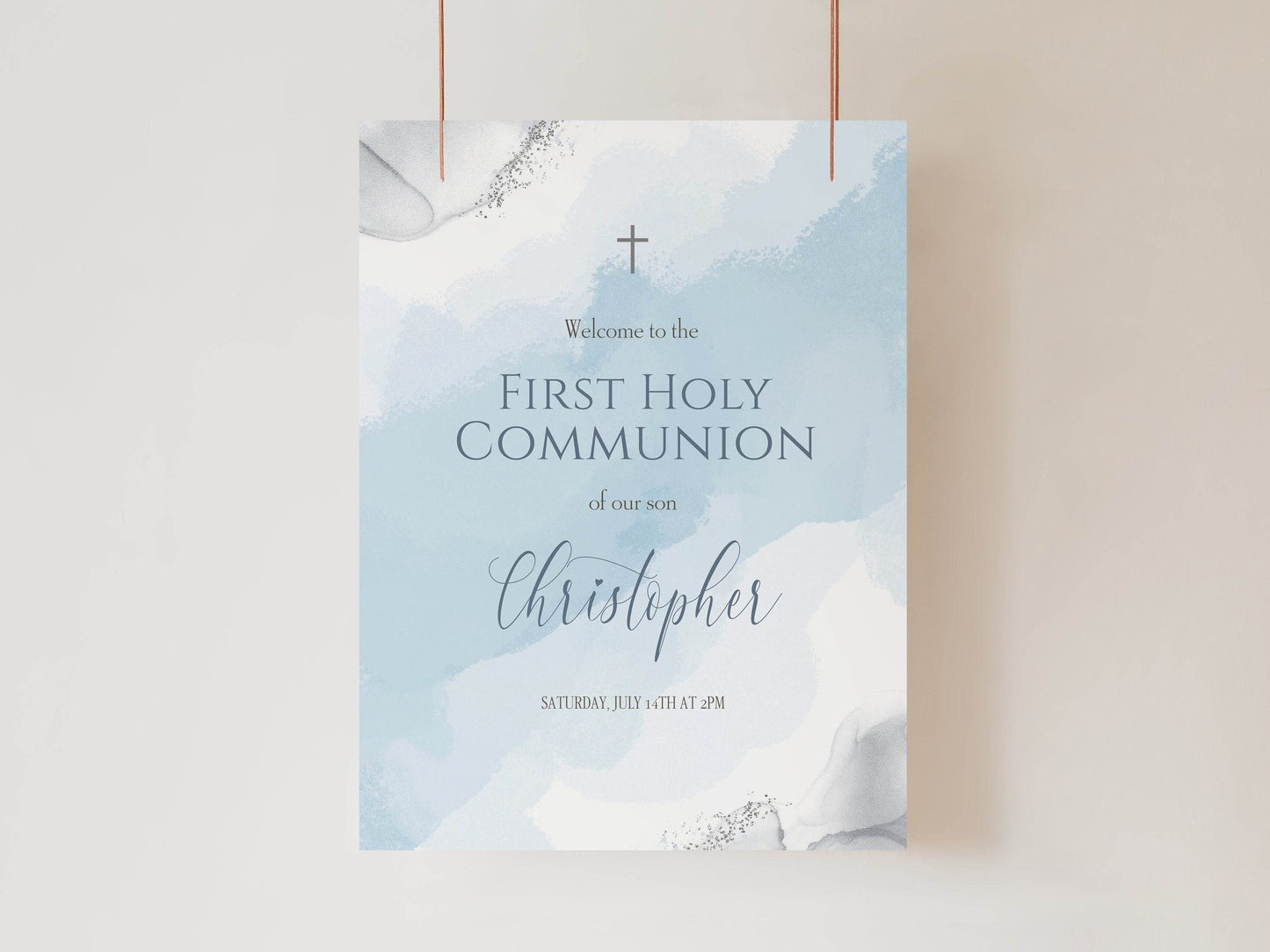 Blue Silver First Communion Welcome Sign, Boy Baptism Welcome Poster, Printable Watercolor Sign, Editable Template, Instant Download