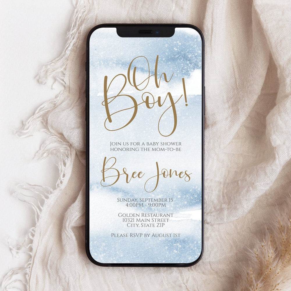 Oh Boy Baby Shower Digital Invite | Blue Watercolor Baby Shower Invitation | Text Message Baby Shower Template | Editable Electronic Invite