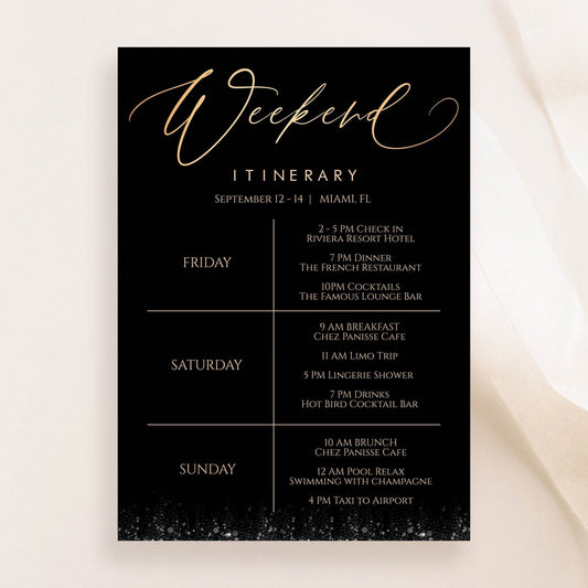 Gold & Black Itinerary Template – Printable Weekend Schedule – Editable Bachelorette, Hens Party, Birthday Weekend Agenda – Instant Download