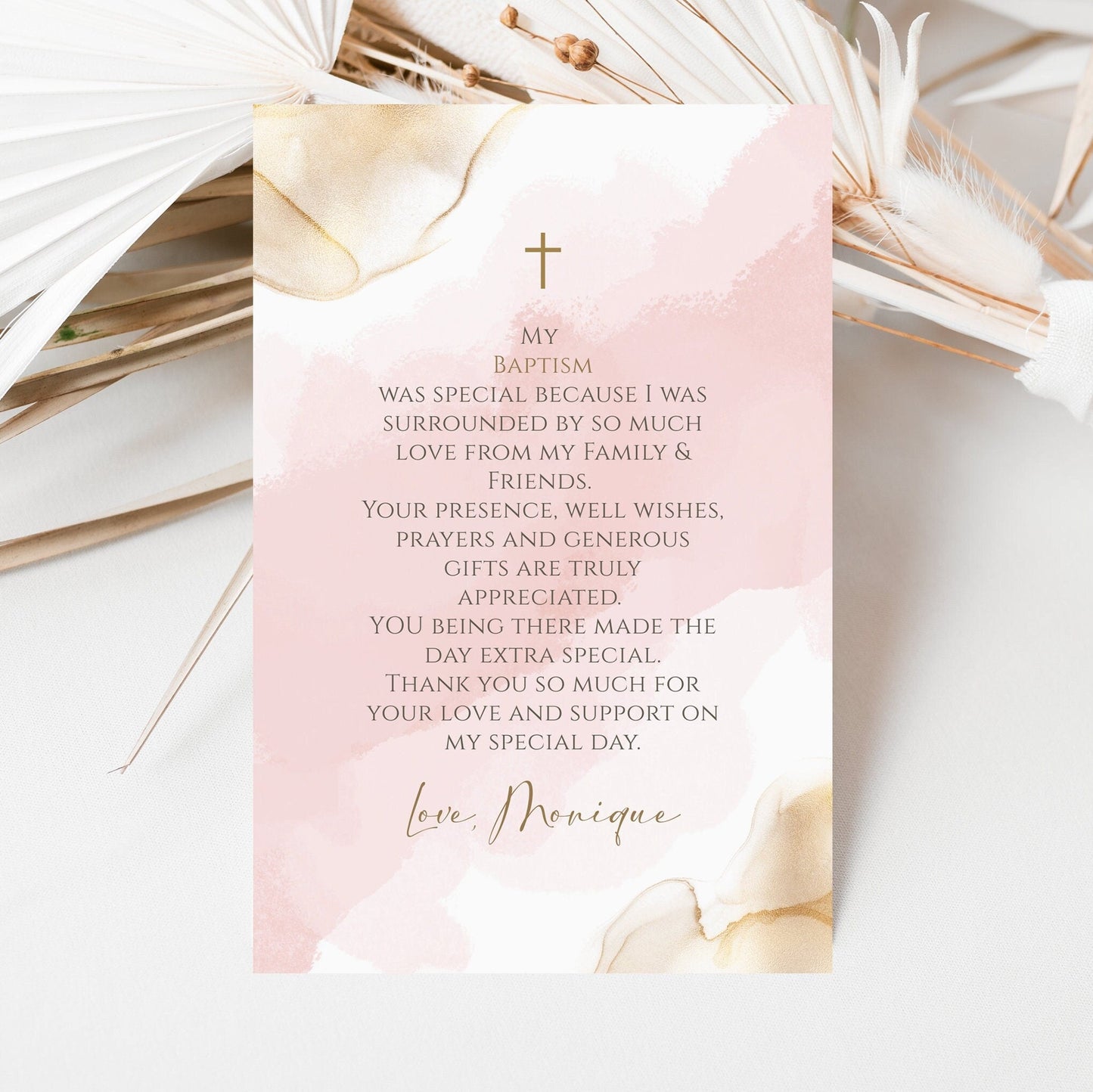 Printable Baptism Thank You Card Template, Girl Baptism Thank You Note, Editable Pink Gold Watercolor Thank You Card 4x6, Instant Download