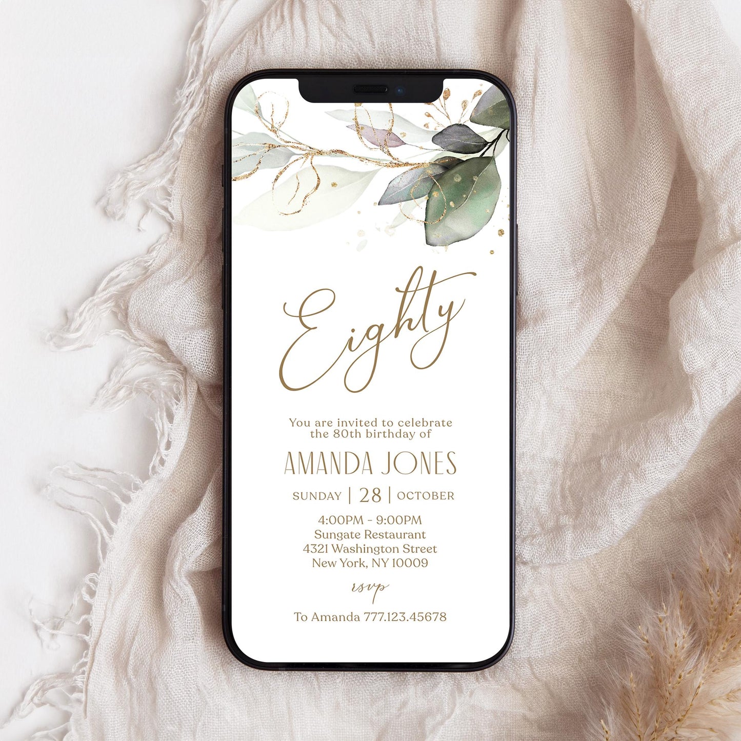 Electronic Eighty 80th birthday Invitation Template, Digital Greenery Eucalyptus Birthday Invite, Editable Invite, Phone Text Message Evite
