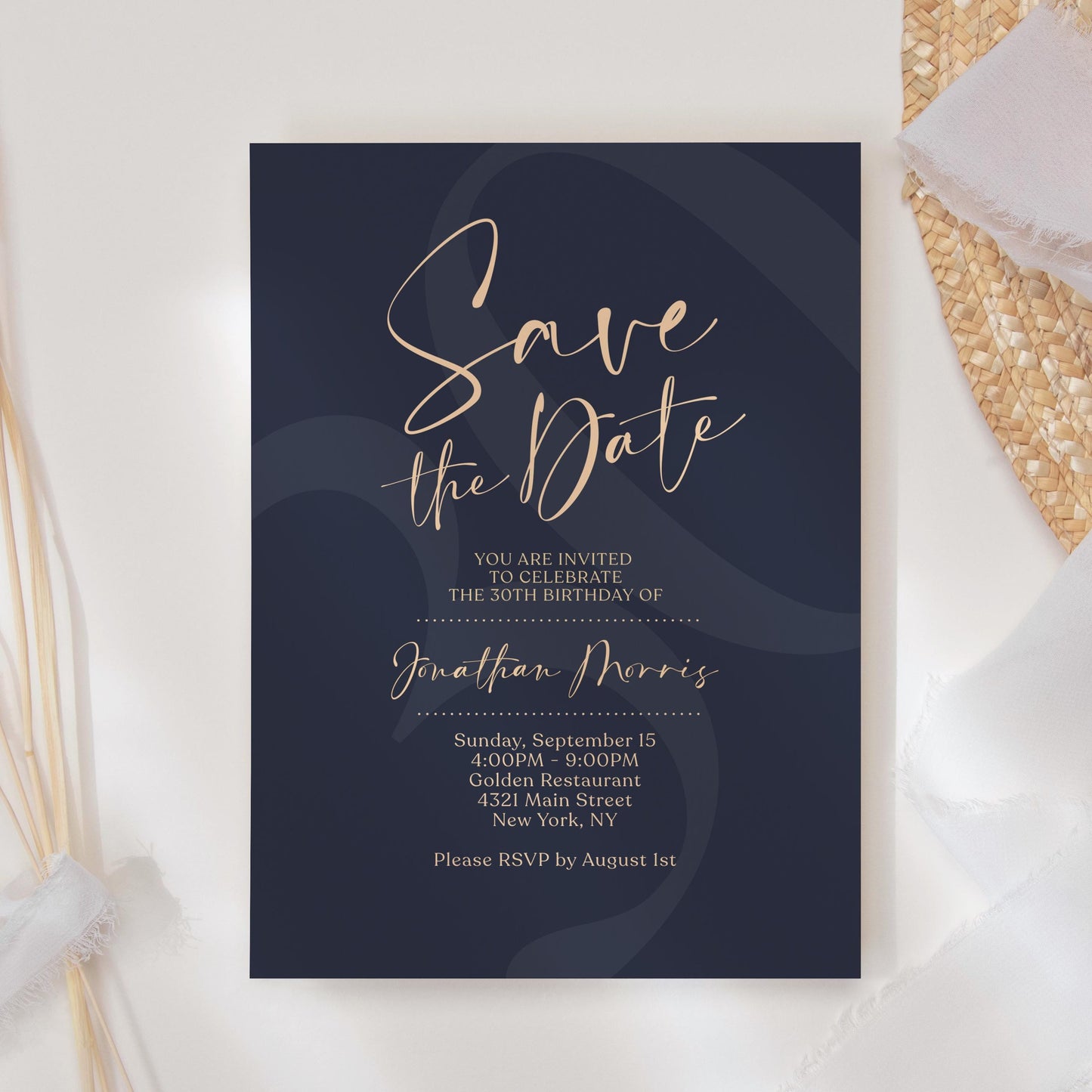 Navy Gold Save the Date 30th Thirty Birthday Digital Invitation, Printable Save the Date Invite, Editable Men's Template, Digital Download
