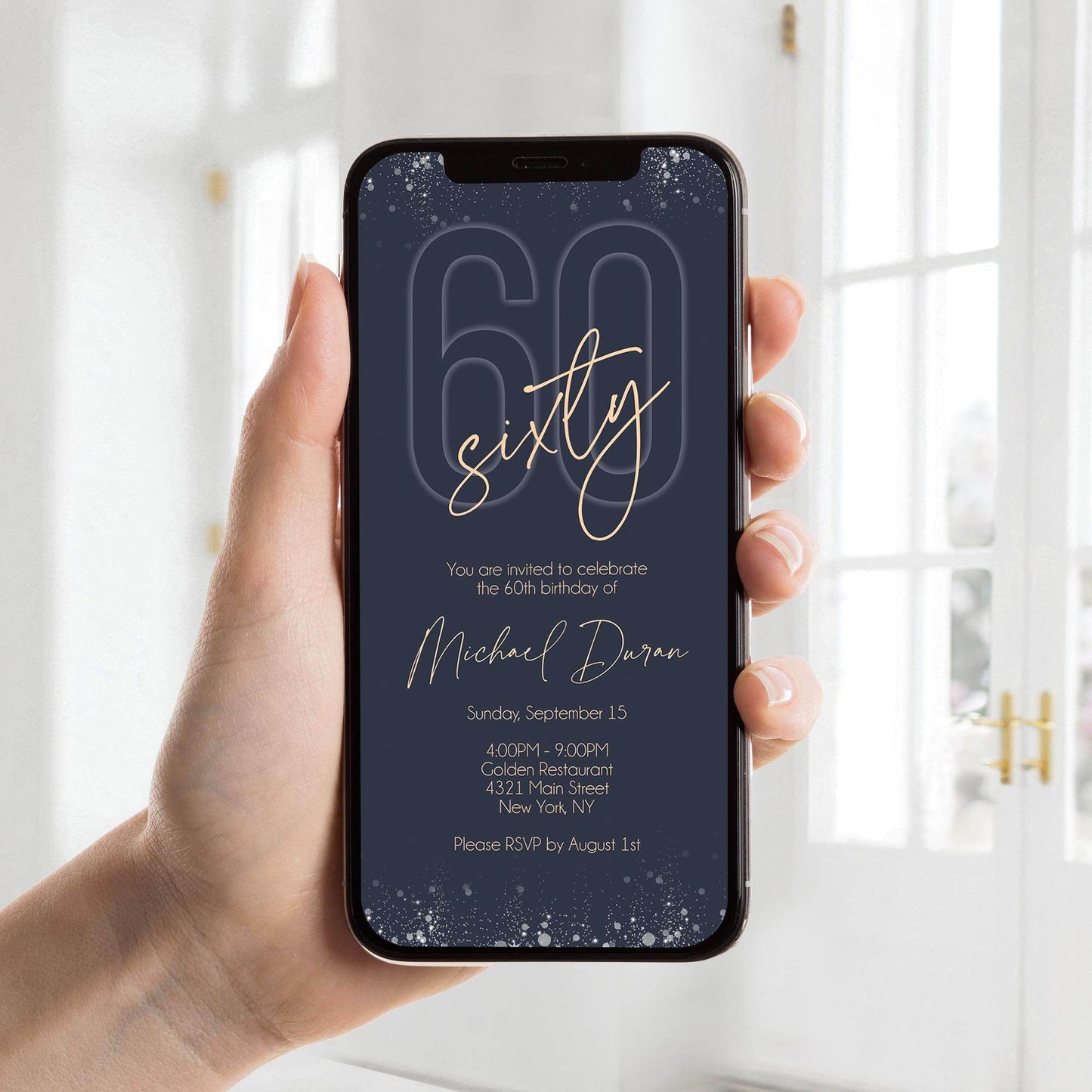 Navy Blue 60th Birthday Invitation, Electronic Navy Gold Digital Phone Invite, Text Message Evite, Editable Men's Mobile Invitation Template, Instant Download