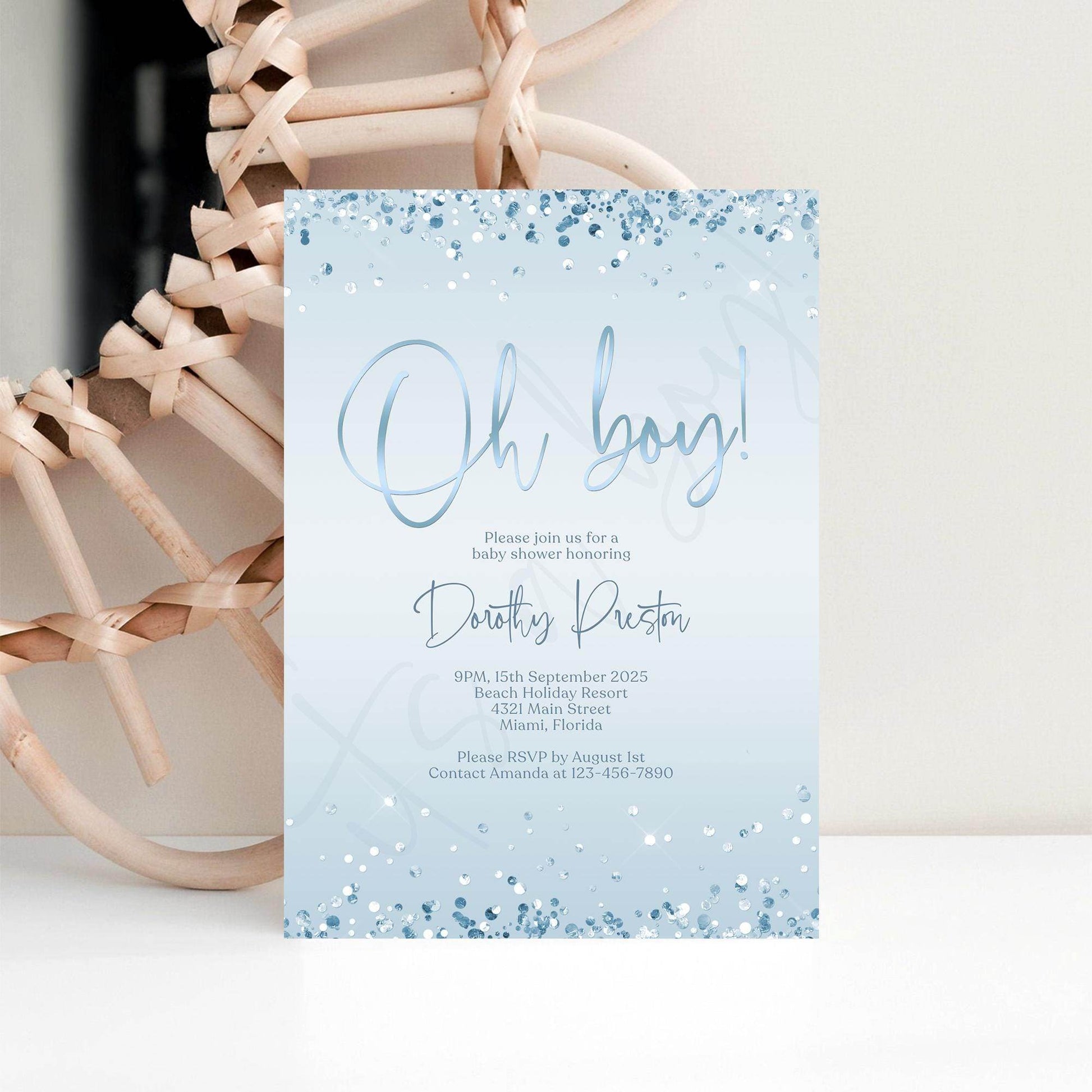 Oh Boy Baby Shower Invitation Template | Editable Blue & Silver Confetti Invite | Boy Baby Shower Digital Evite | Printable Instant Download