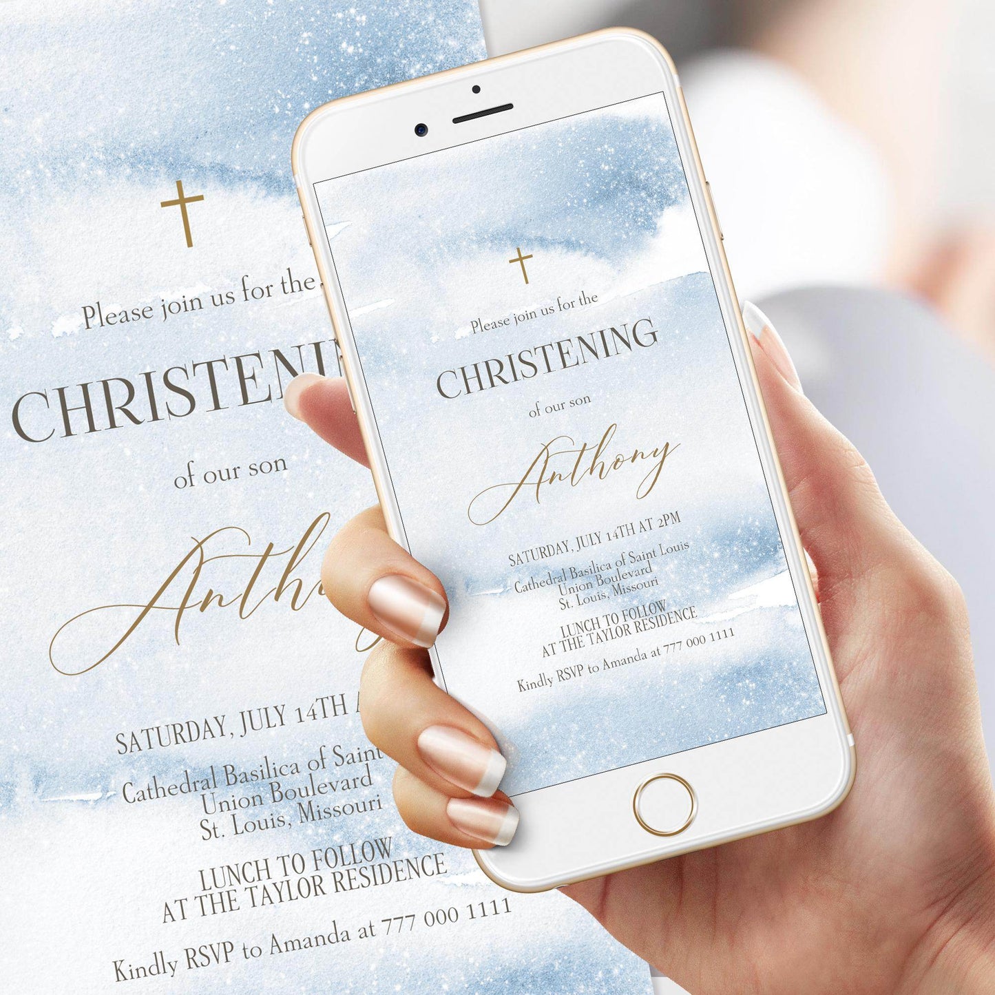 Boy Christening Invitation Template | Blue Watercolor Baptism Evite | Editable Digital Invite | Gold Christening Text Message Evite | Instant Download