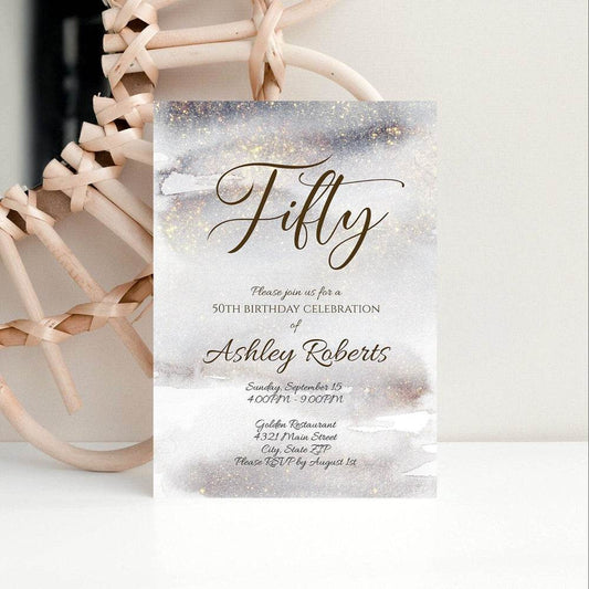 Luxury Fifty Watercolor Gold Glitter 50th Birthday Invitation | Editable, Printable, DIY, Instant Download