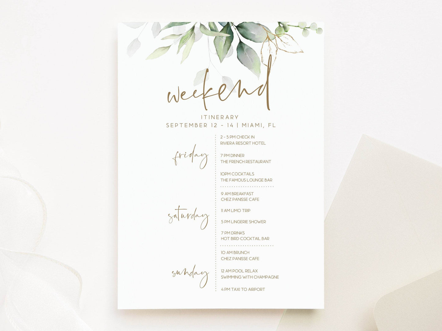 Printable Itinerary Template, Birthday or Hens Weekend Schedule, Editable Bachelorette Party Itinerary, Greenery Gold Leaves, Instant Download