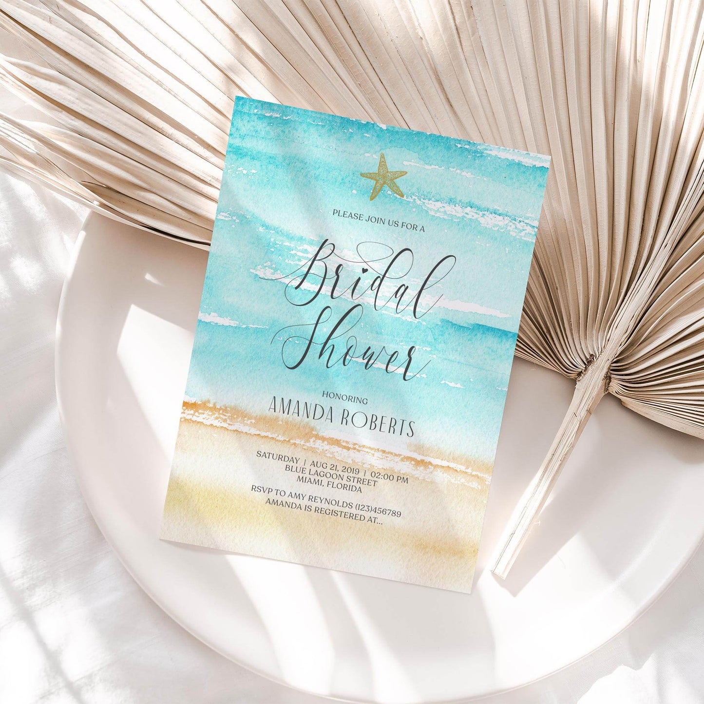 Editable Watercolor Beach Bridal Shower Invitation – Starfish Beach Theme Invite – Printable Bridal Shower Template – Instant Download