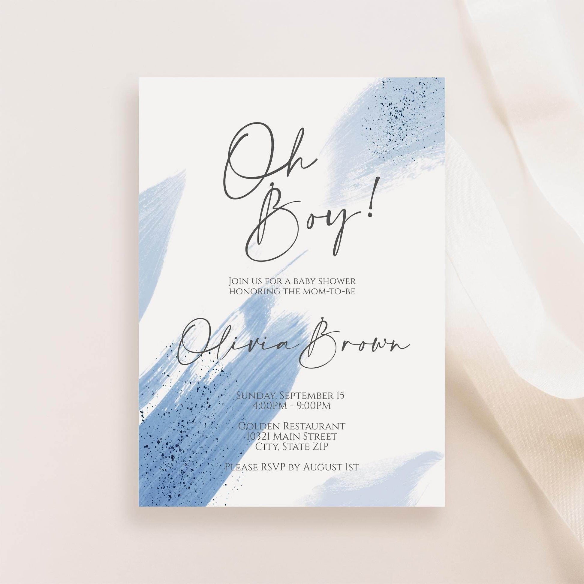 Oh Boy Baby Shower Invitation Template – Printable Blue Watercolor Baby Shower Invite | Editable Boy Baby Shower Template | Instant Download