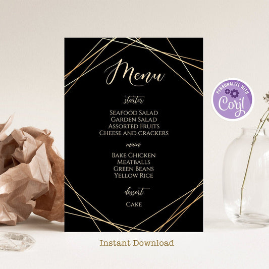 Printable Dark Gold Geometric Menu, Editable Gold Wedding Menu, Birthday Menu Template, Printable Menu, Black Wedding Menu, Instant Download