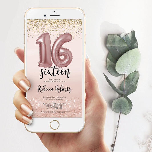 16th Girl Birthday Invitation Electronic, Sixteen Editable Invite for girl, 16 Mobile Invite, Evite, Digital Template, Phone text message Invite, Instant Download