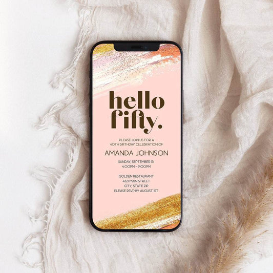 Hello Fifty 50th Birthday Invitation Template, Editable Pink Digital Invite, Electronic Mobile Evite, Text Message Birthday Invitation, Instant Download