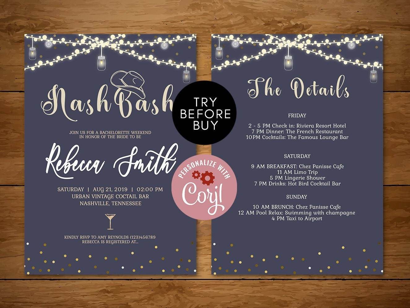 Nash Bash Bachelorette Party Invitation with Itinerary, Nashville Weekend Invite, INSTANT DOWNLOAD, Editable Template, Printable Digital DIY