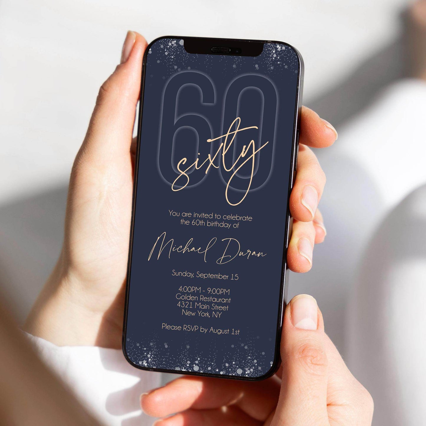 Navy Blue 60th Birthday Invitation, Electronic Navy Gold Digital Phone Invite, Text Message Evite, Editable Men's Mobile Invitation Template, Instant Download