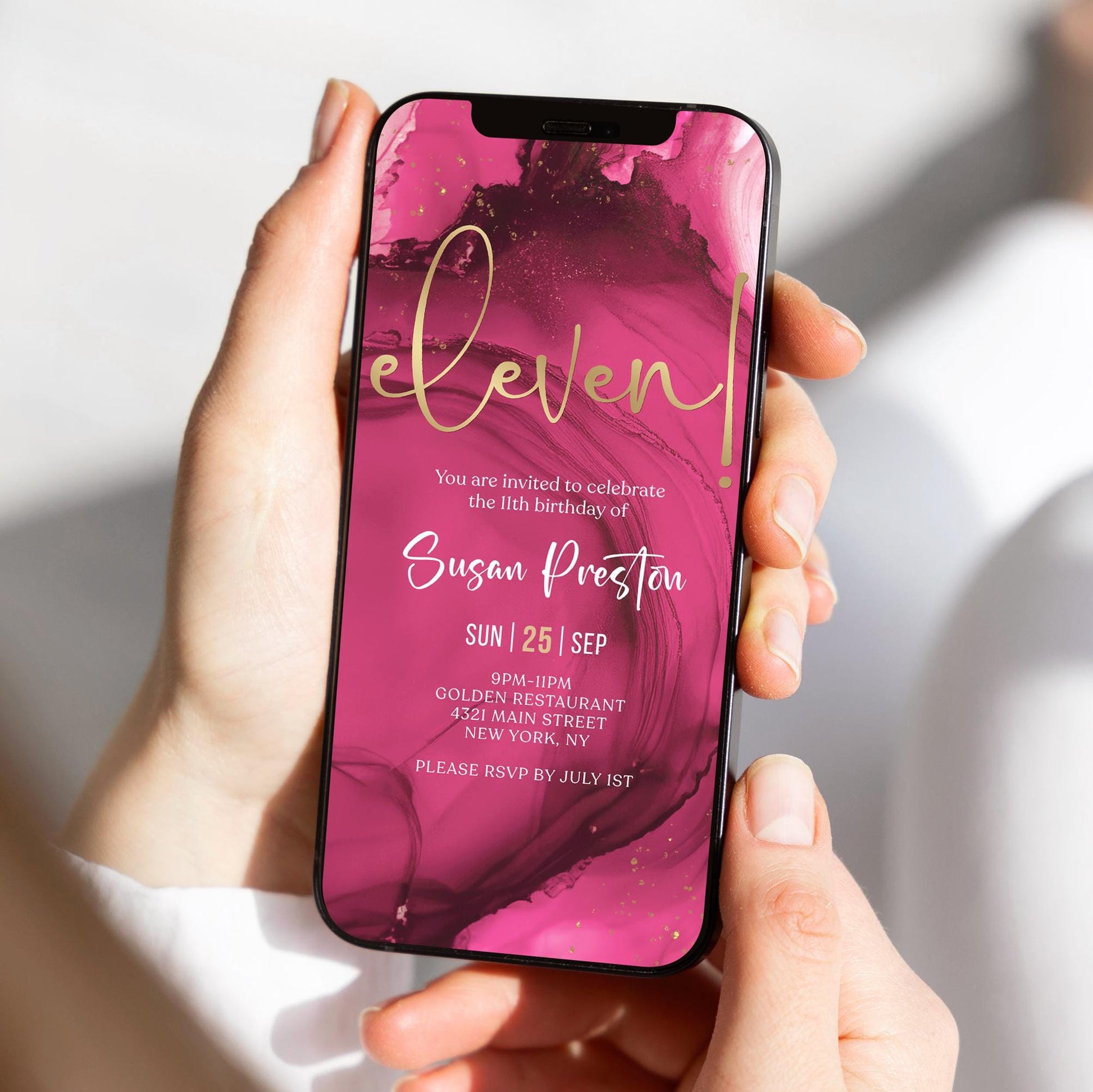 Pink Fuchsia Gold 11th Birthday Invitation | Digital Girl Birthday Party Invite | Editable Text Message Evite | Instant Download