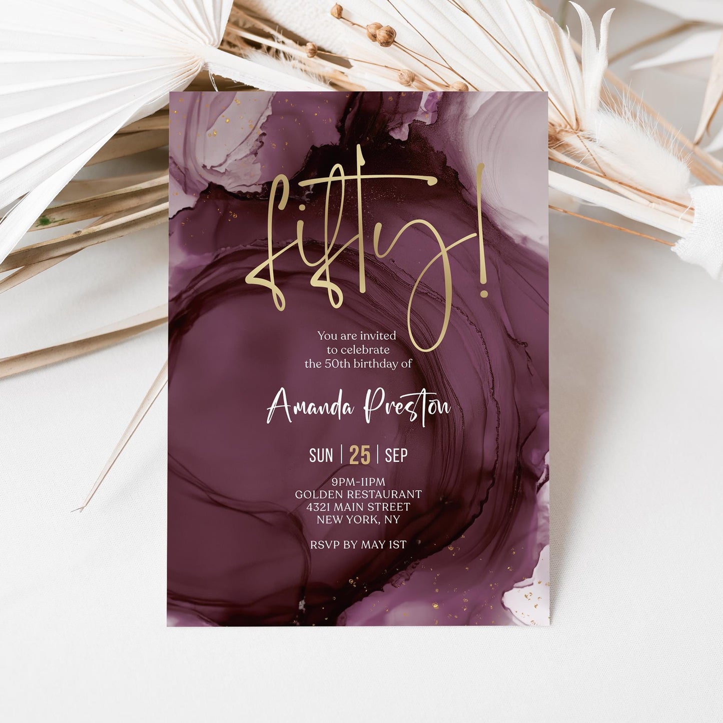 Purple Gold 50th Fifty Birthday Invitation Template, Printable Maroon Woman Dinner Party Invite, Editable Surprise Invite, Digital Download
