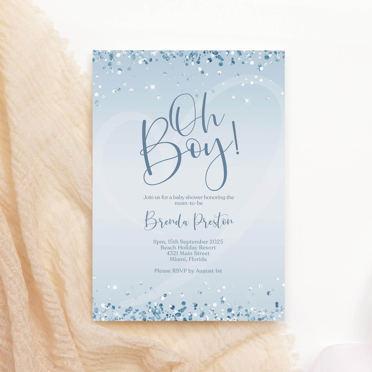 Blue Silver Oh Boy Baby Shower Invitation Template | Editable Boy Baby Shower Invite | Modern Printable Invitation | Digital Download Card