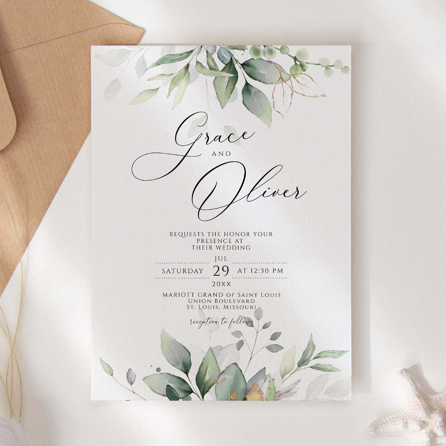 Elegant Greenery Wedding Invitation Template, Printable Wedding invite, Editable Wedding Invitation, Sage greenery invite template download