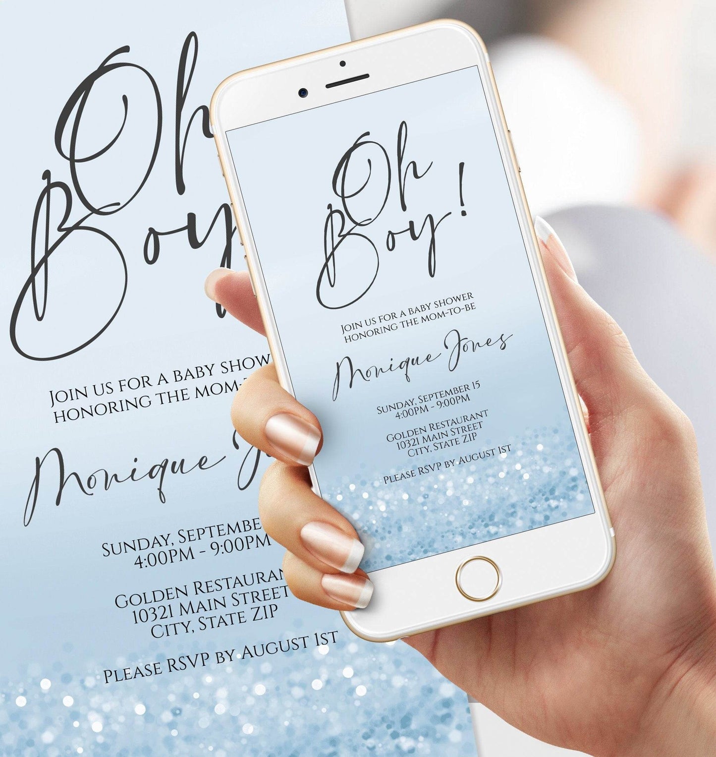Oh Boy Electronic Baby Shower Evite, Text message Invitation template, Blue Confetti Baby Shower editable text invite, Digital invitation
