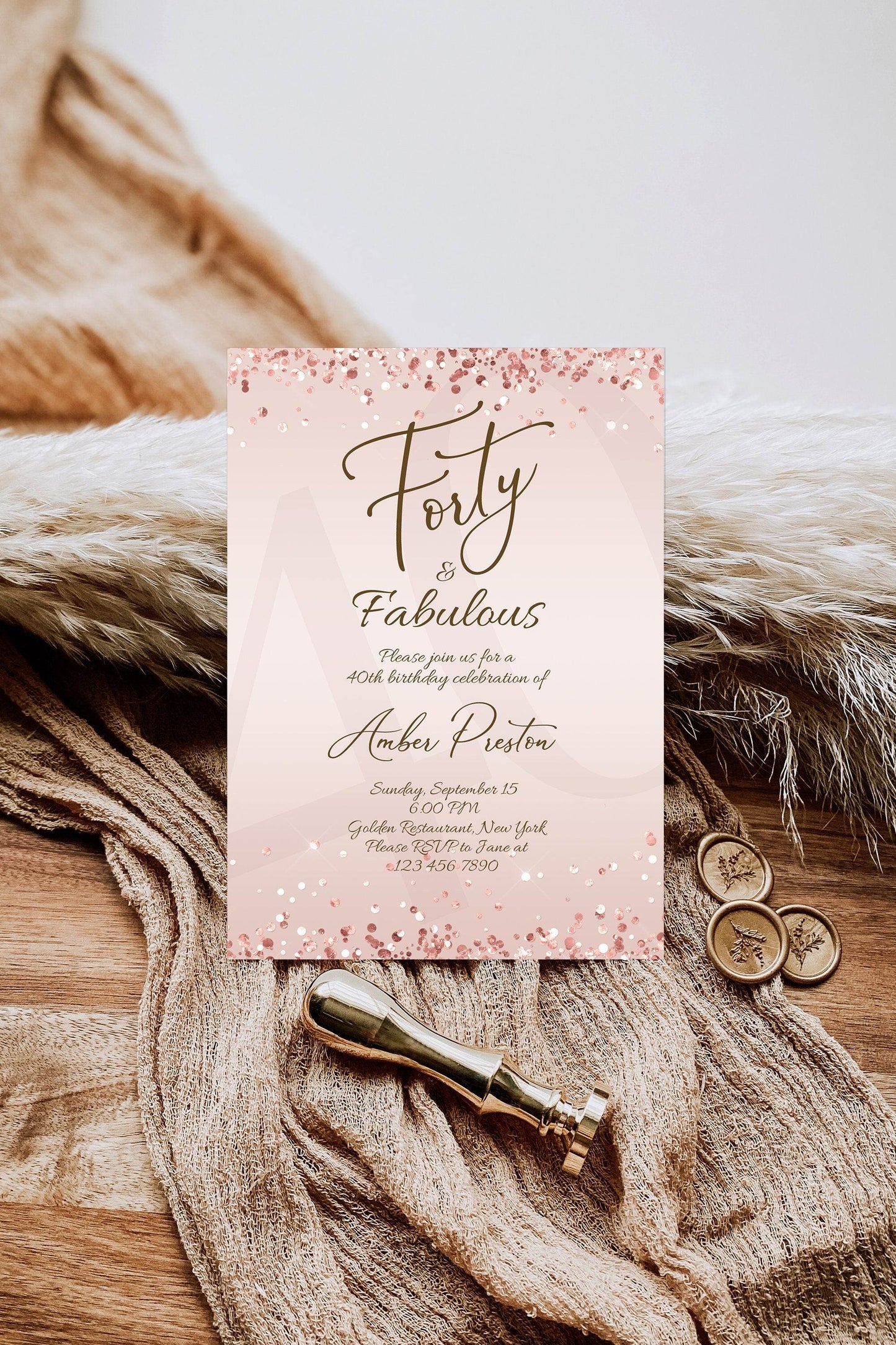 40th Birthday Invitation for Her | Editable Rose Gold Forty & Fabulous Party Invite | Surprise Party Template | Printable Women’s Birthday Card