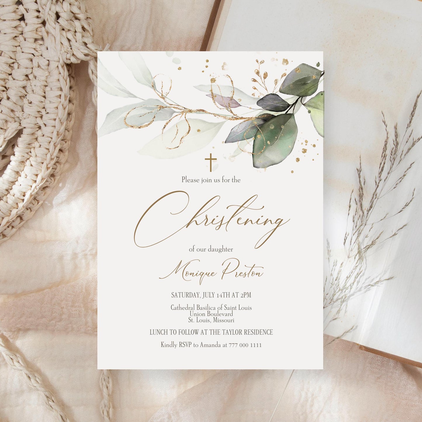 Editable Christening Invitation Card Template, Greenery Christening Invite, Boy Girl Christening Invitation, Digital Gold Foil Leves Baptism