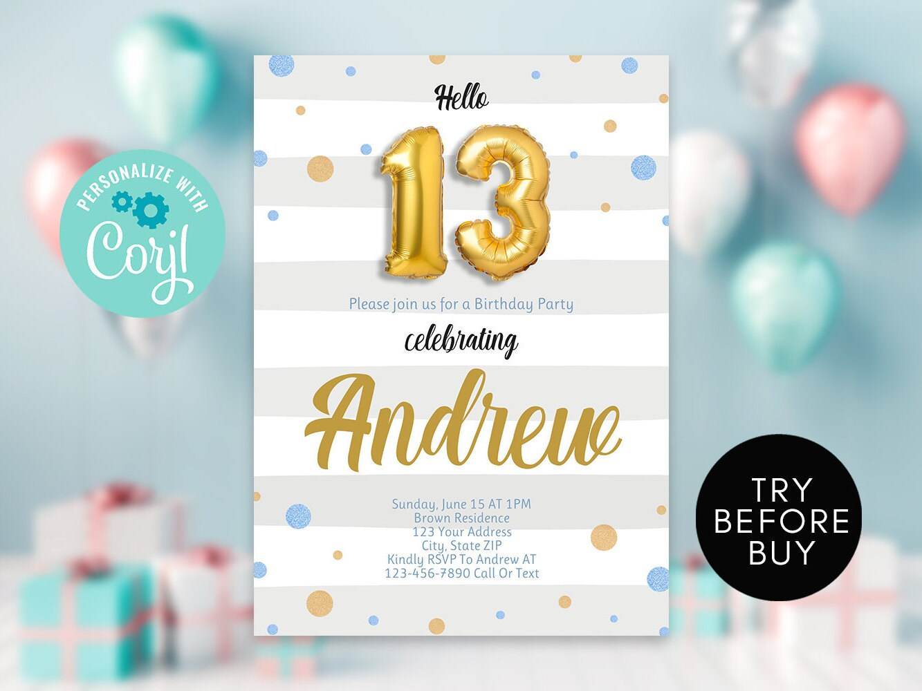13th Birthday Invitation, Editable 13th Boy Birthday Invitation, Hello 13, Blue Gold Glitter, DIY Printable Invite, Instant Download